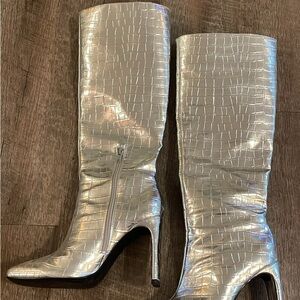 Silver Croc-Embossed Knee-High Boots